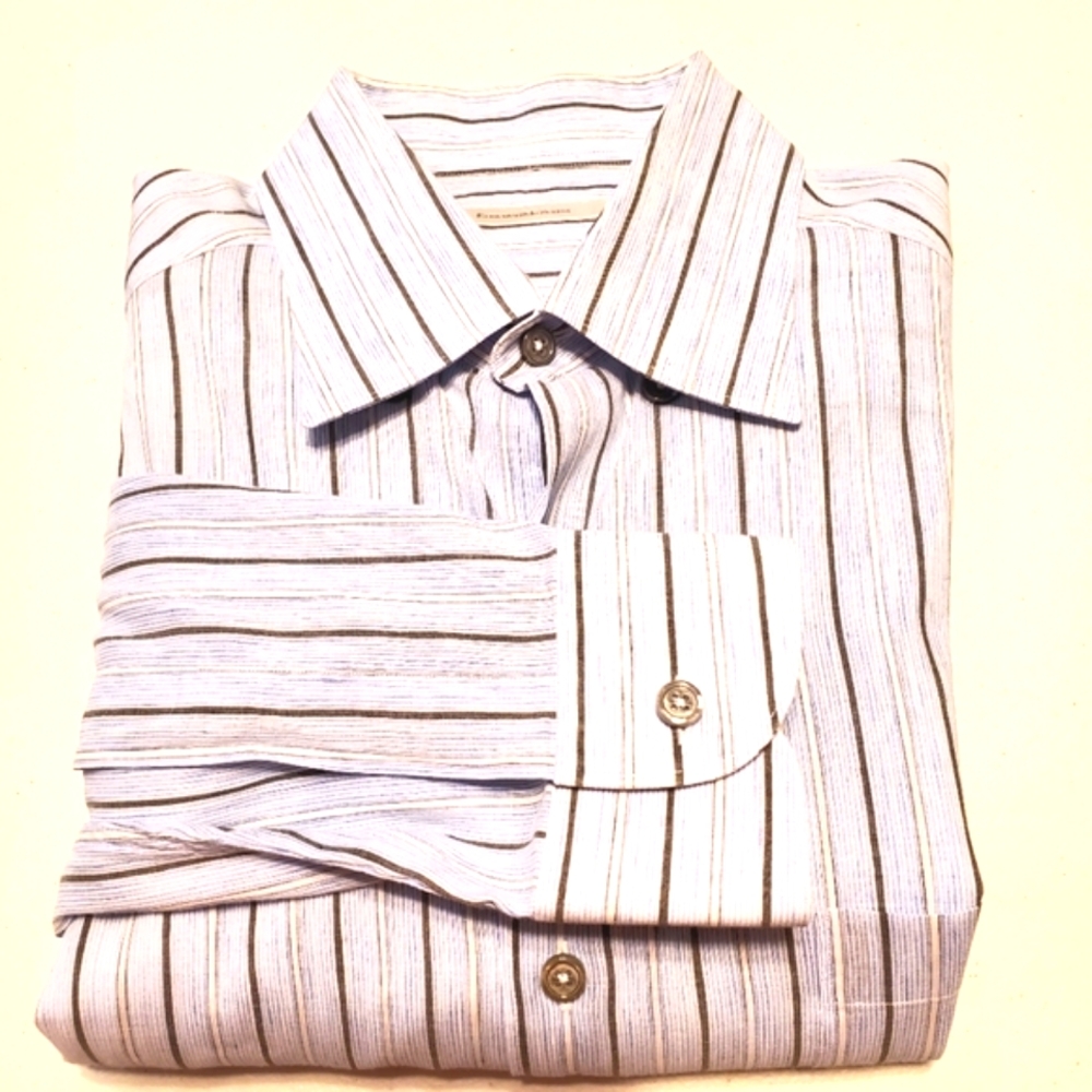 Ermenegildo Zegna Blue Stripe Men's Long Sleeve Dress Shirt Size  Large